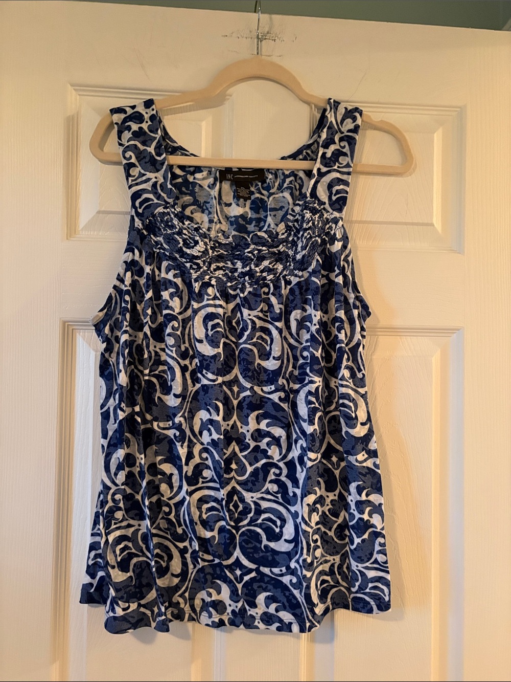 INC International Concepts Navy & White Swirl Smocked Yoke Sleeveless Camisole